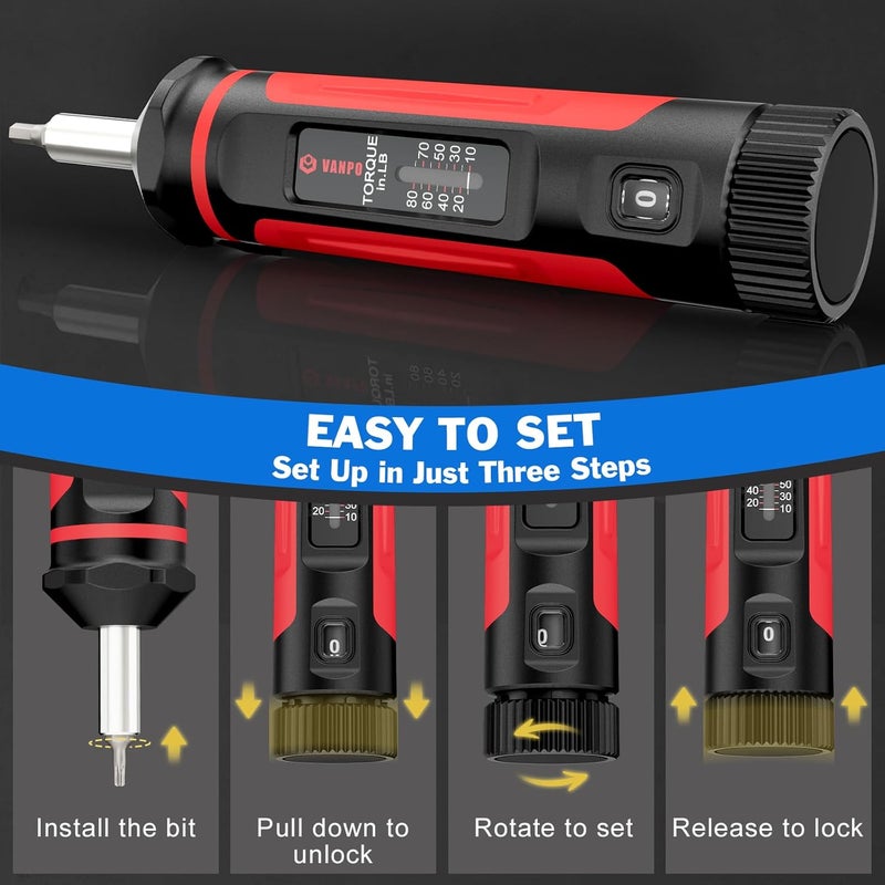 VANPO Torque Screwdriver, 10-80In-lb Torque Screw Driver Wrench Driver Set, 1/4” Drive Inch Pounds Torque Wrench Screwdriver with 60 S2 Bits for Maintenance, Tools, DIY, Bike Repairing and Mounting - Image 5